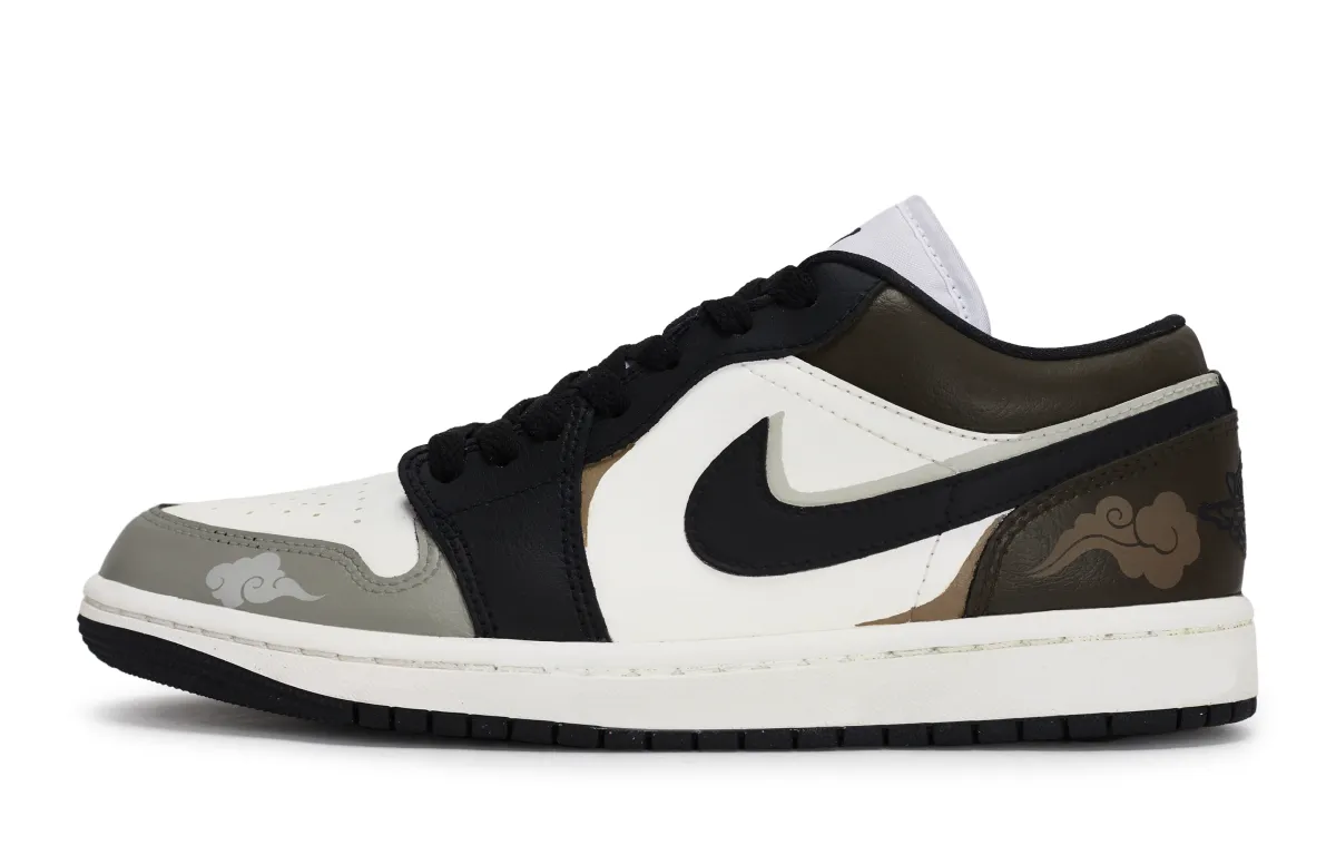 Jordan Air Jordan 1 REGO Hot Dog, A Moment In Time Low top Vintage Basketball Shoes Women's Black White Gray Brown