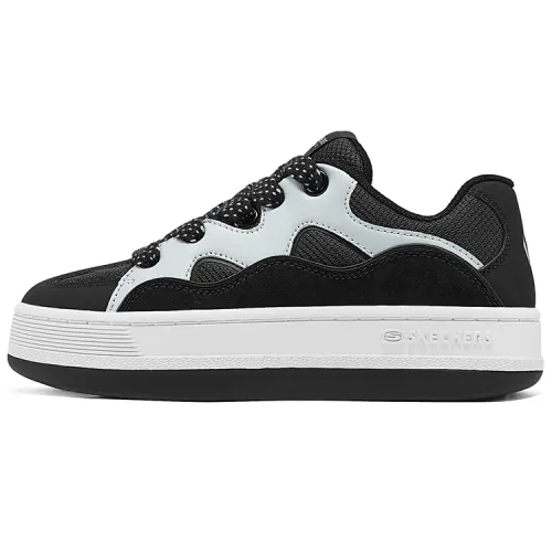 Skechers RETRO JOGGING Colorful Puffy Shoes Height Increasing Lightweight Low top Skateboard Shoes Women's Black White