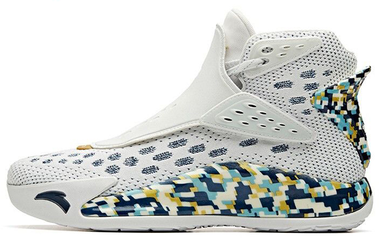 Anta KT5 Thompson 5 \"Veteran\" Comfortable and versatile, shock-absorbing, non-slip and wear-resistant, high-top basketball shoes, men's white, blue and yellow