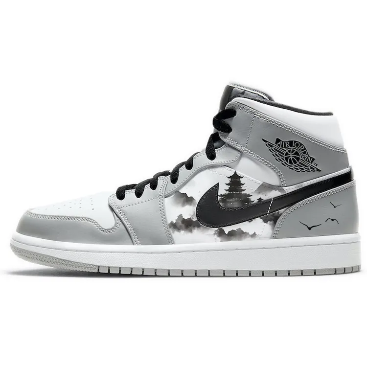 Jordan Air Jordan 1 Cushioning Anti-Slip And Wear-Resistant Mid-Top Vintage Basketball Shoes Men's Smoke Gray White