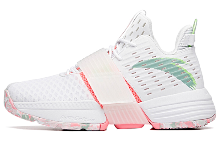 Anta Hengsao1 Cushioning Slip Resistant Abrasion Resistant Mid top Performance Basketball Shoes Men’s White Pink Green