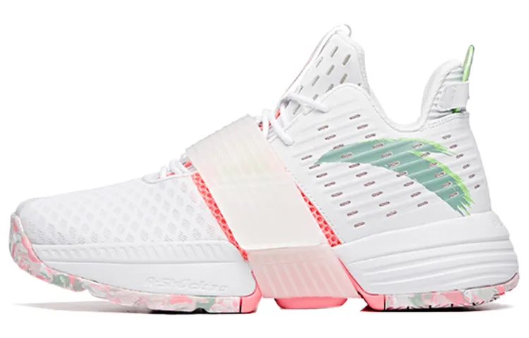 Anta Hengsao1 Cushioning Slip Resistant Abrasion Resistant Mid top Performance Basketball Shoes Men's White Pink Green