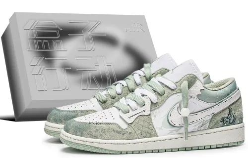 Jordan Air Jordan 1 Abrasion Resistant Slip Resistant Low top Vintage Basketball Shoes Men's Cyan White