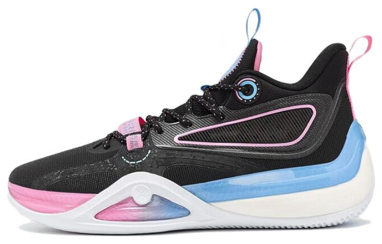 XTEP Textile, Synthetic Leather Cushioning Slip Resistant Abrasion Resistant High top Basketball Shoes Men’s Black Pink