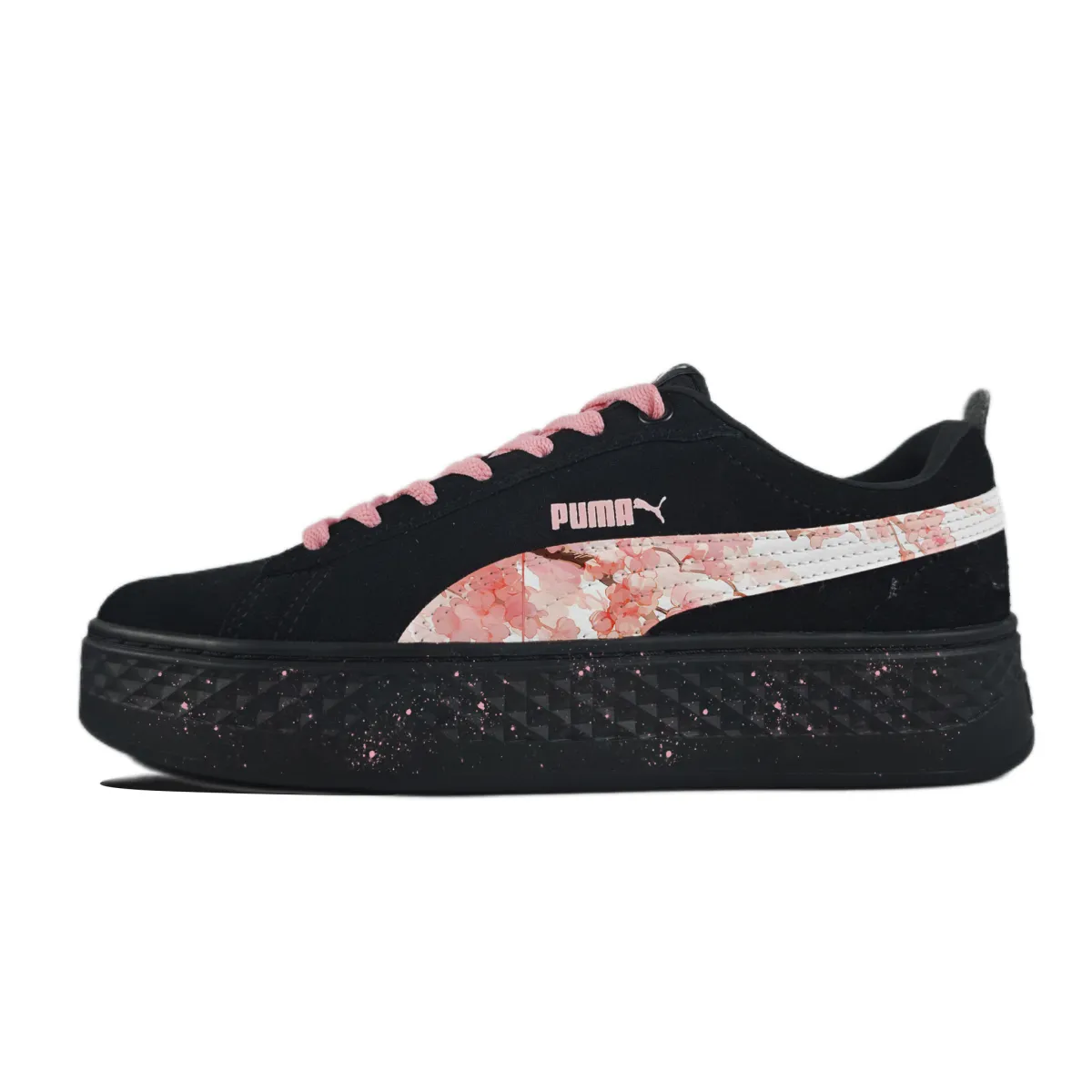 PUMA Smash Platform Cherry Blossoms Fall Abrasion Resistant Breathable Low top Skateboard Shoes Women's Black Pink
