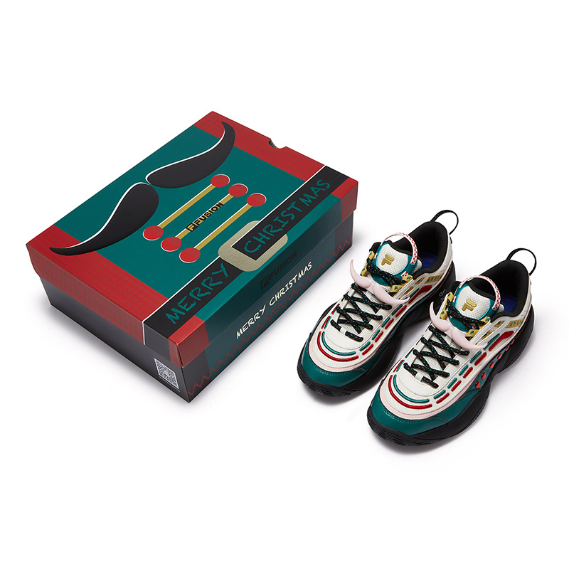 FILA FUSION FIRE XMAS Flame Shoes Versatile Abrasion Resistant Low top Vintage Basketball Shoes Women’s White Green