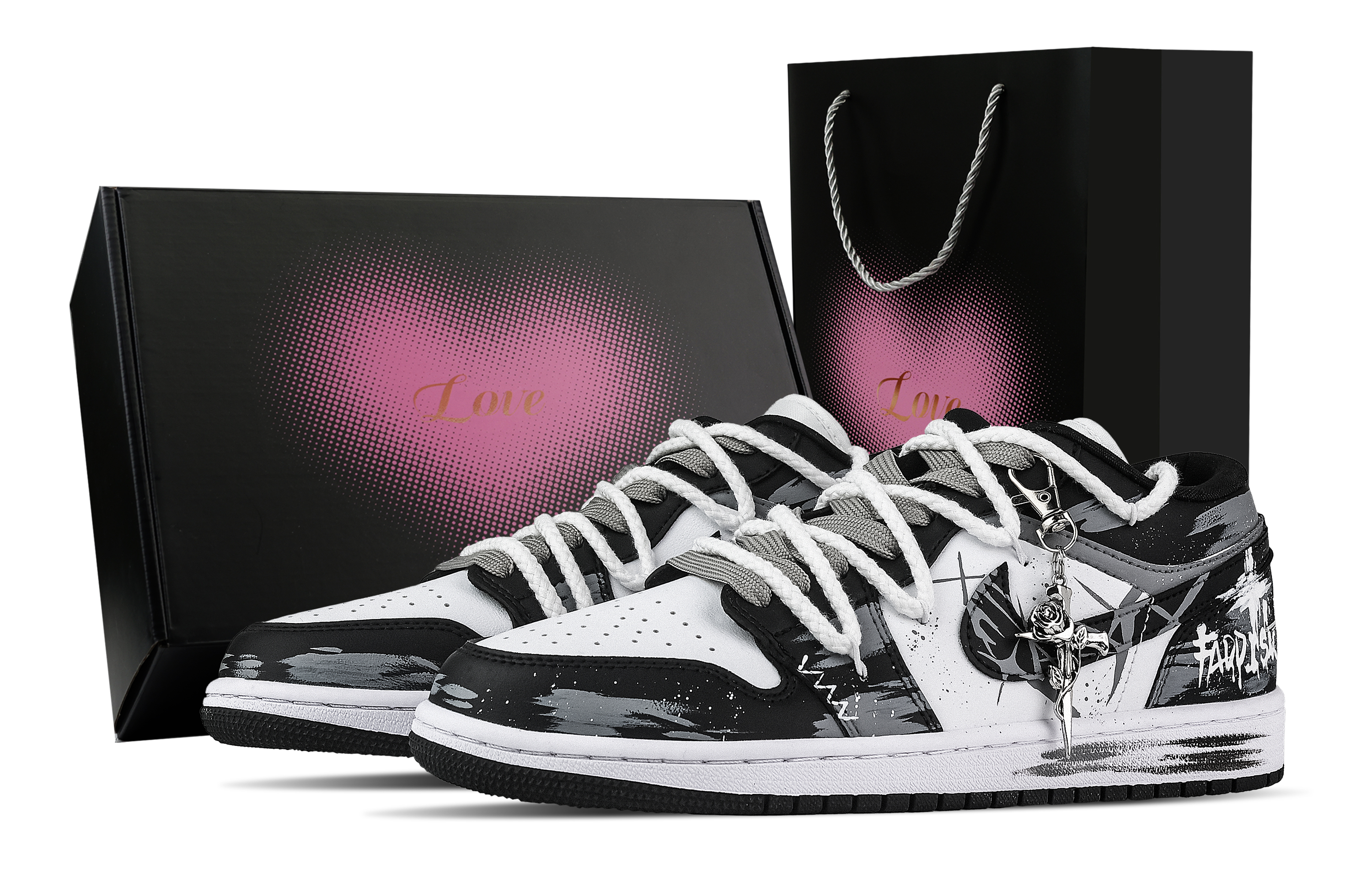 Jordan Air Jordan 1 Rose Branch, Heart Box Low top Vintage Basketball Shoes Unisex Black White Gray
