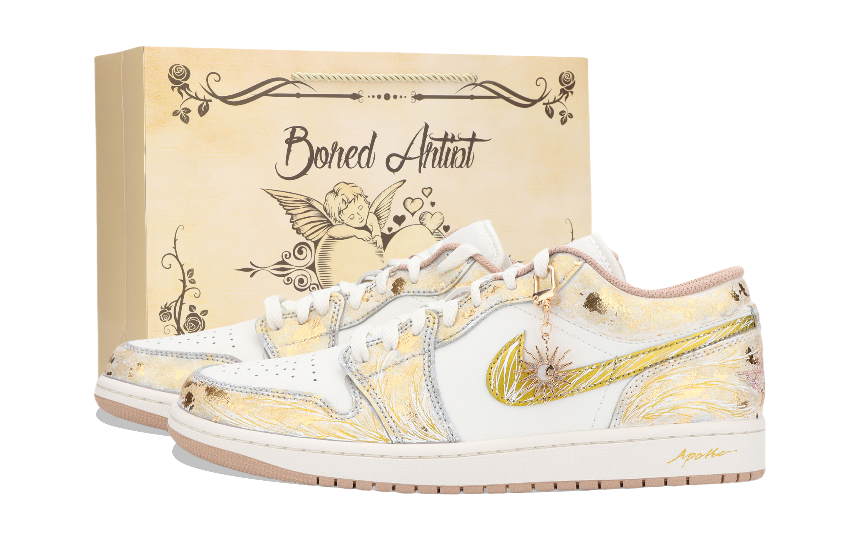 Jordan Air Jordan 1 Sun God Apollo 2.0 Cushioning, Wear Resistant Low top Vintage Basketball Shoes Unisex White Gold