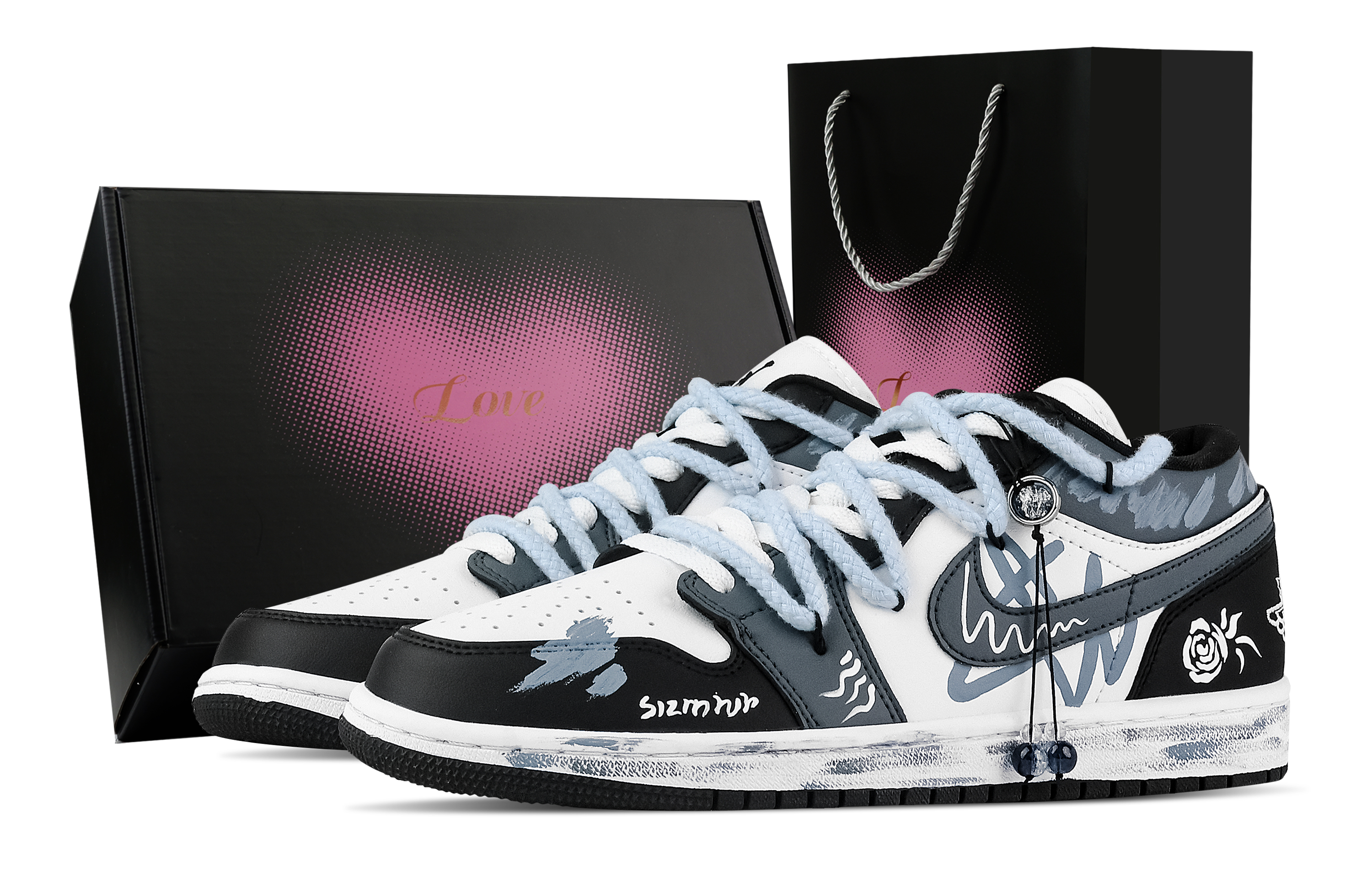 Jordan Air Jordan 1 Rose, Heart Box Low top Vintage Basketball Shoes Unisex Black White Blue
