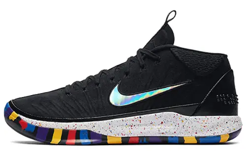 Nike Kobe AD NCAA round toe lace-up fabric two-layer suede shock-absorbing and lightweight mid-top practical basketball shoes men's black rainbow foreign version
