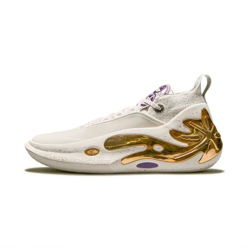 Li Ning Wow11 Cushioning Rebound Mid top Basketball Shoes Men's White Gold