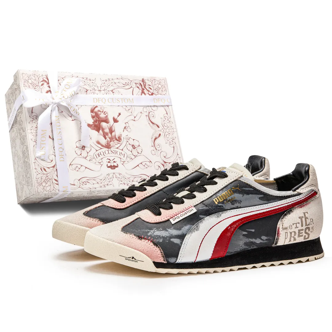 PUMA Roma Og Nylon Cushioning Slip Resistant Abrasion Resistant Low top Training Shoes Unisex Beige Black Red