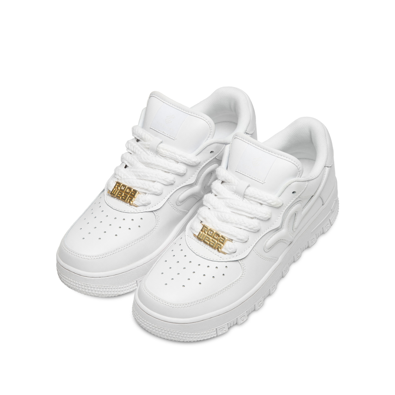 ROCAWEAR White Sneakers, Cow Leather Low top Skateboard Shoes Unisex Classic White
