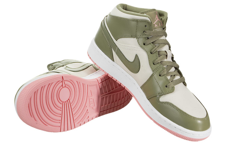 Мужские кроссовки Jordan Air Jordan 1 Mid OG (бело-зеленые) — Зелёный / бежевый / розовый — фото 5