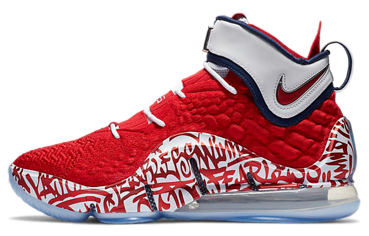 Nike Lebron 17 \"Graffiti Remix\" Graffiti Air Cushion Shoes, Shock Absorbing and Anti-Slip High Top Basketball Shoes Men's Red and White Foreign Version