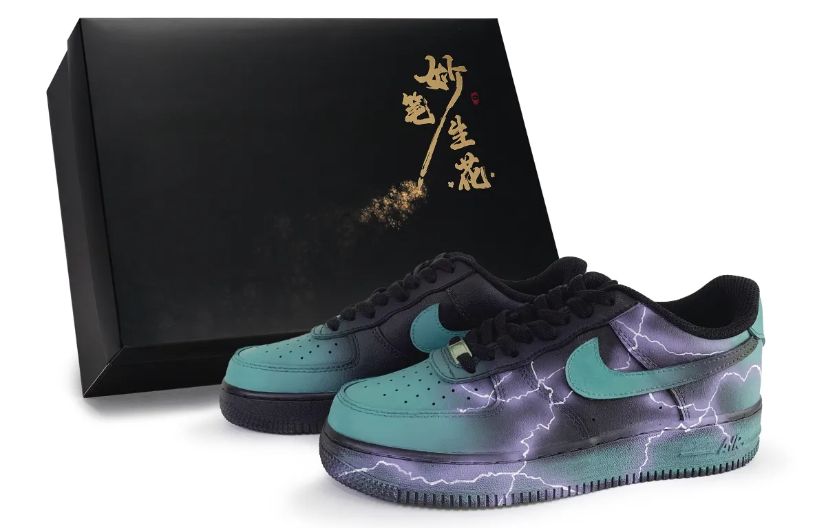Nike Air Force 1 Wondrous Brush Blossoms, Thunder Realm Abrasion Resistant Low top Skateboard Shoes Unisex Black Cyan