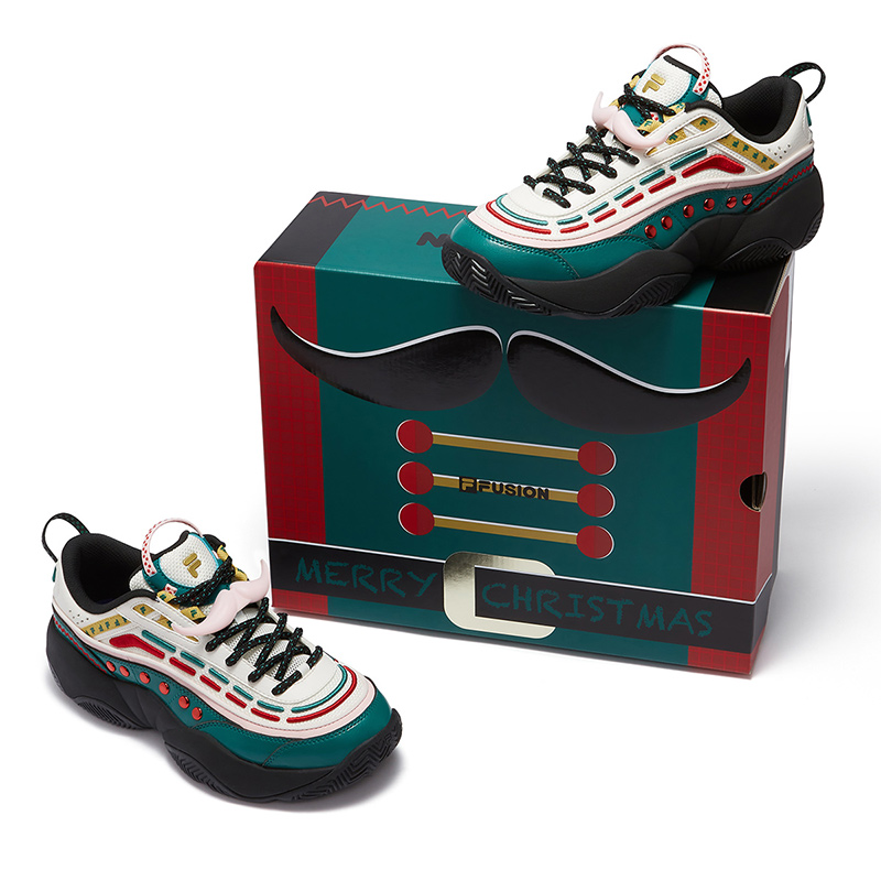 FILA FUSION FIRE XMAS Flame Shoes Versatile Abrasion Resistant Low top Vintage Basketball Shoes Women’s White Green