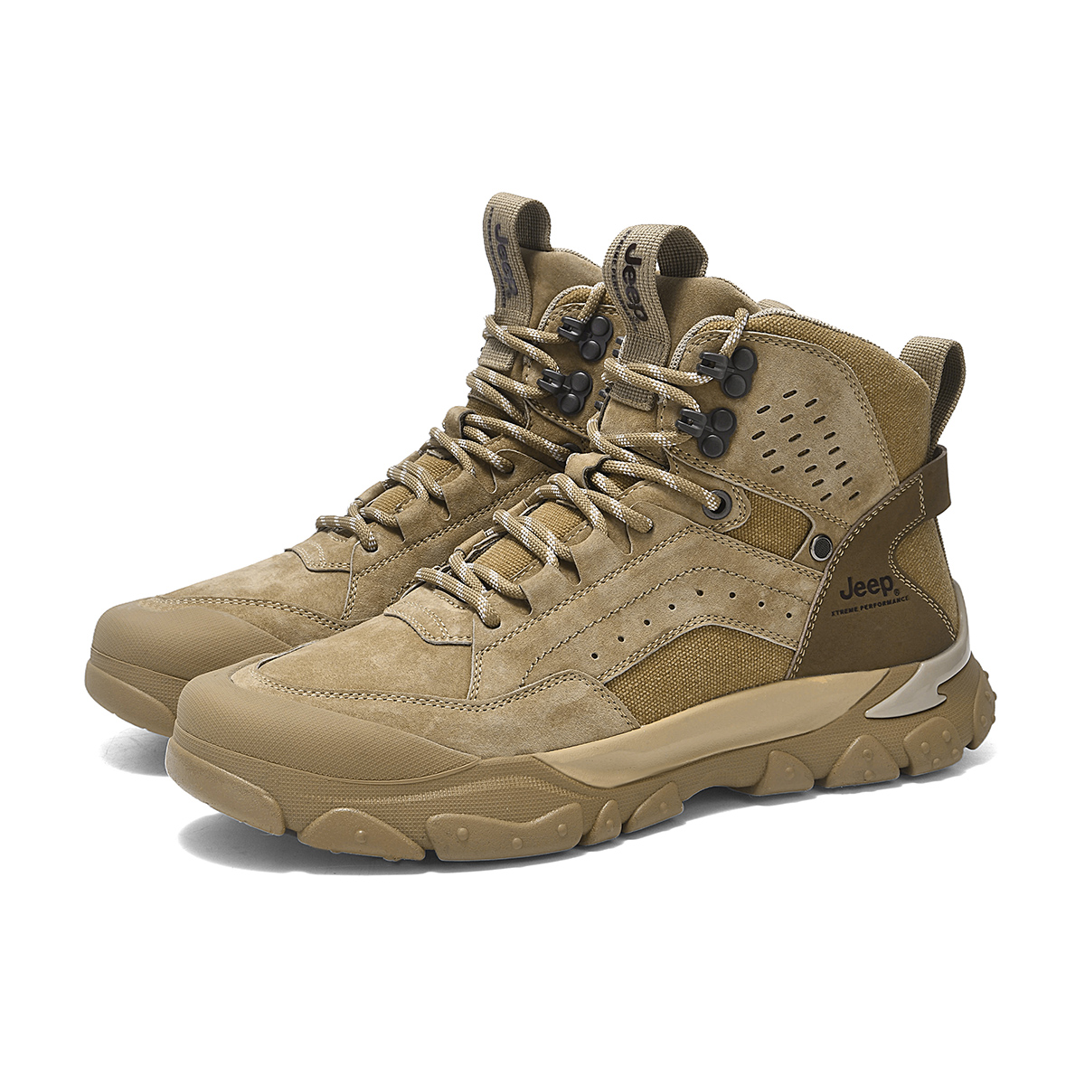 Jeep Textile, Pigskin Abrasion Resistant Breathable Coverage High top Mountaineering Shoes Men’s Khaki