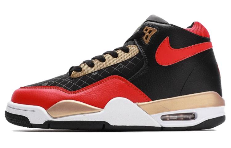 Nike Flight Legacy fabric synthetic leather trendy and comfortable shock-absorbing and anti-slip wear-resistant middle top retro basketball shoes men's black and red gold