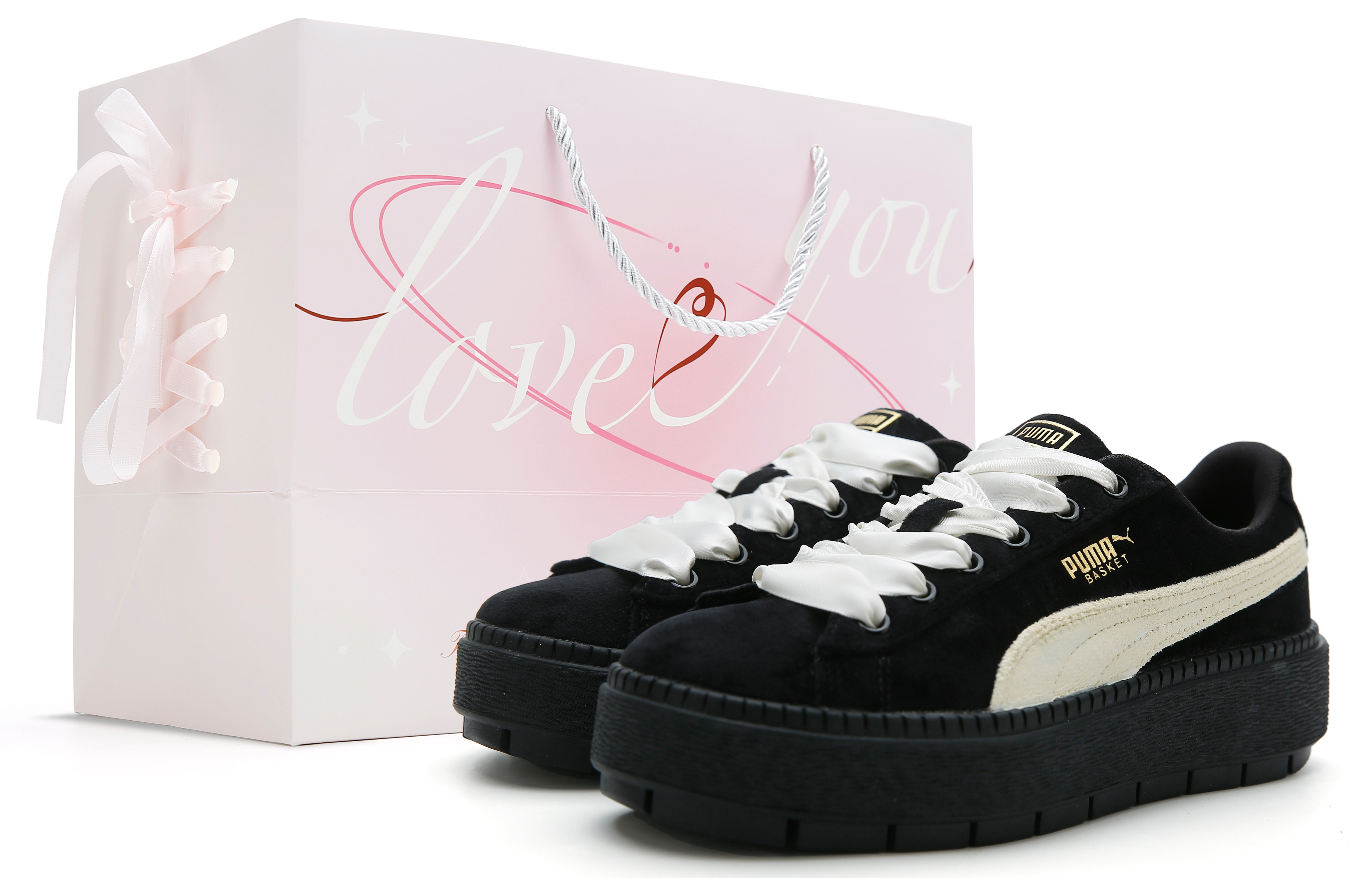 PUMA Platform Slip Resistant Abrasion Resistant Low top Skateboard Shoes Women's Black Yellow