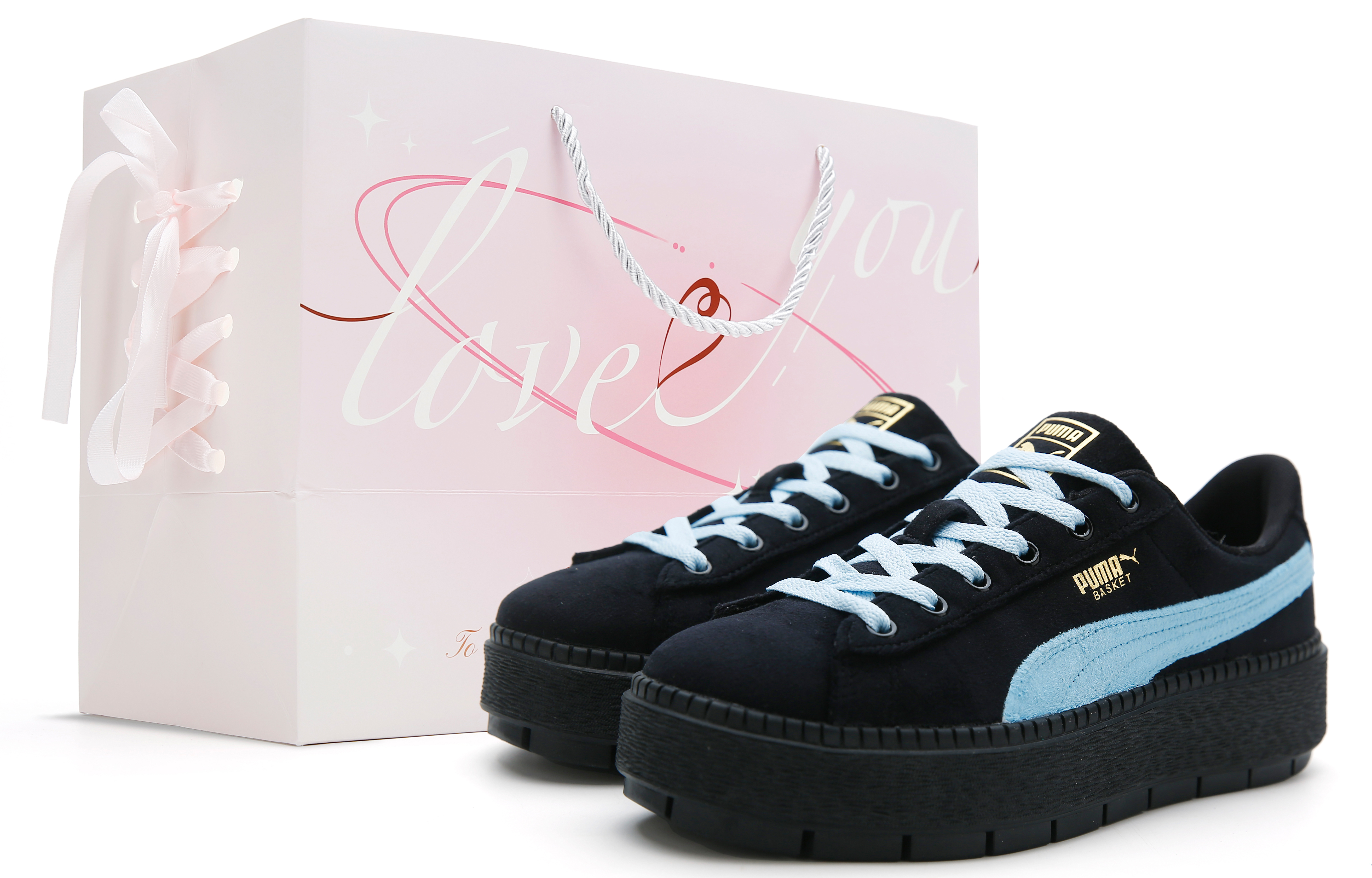 PUMA Platform Slip Resistant Abrasion Resistant Low top Skateboard Shoes Women's Black Blue