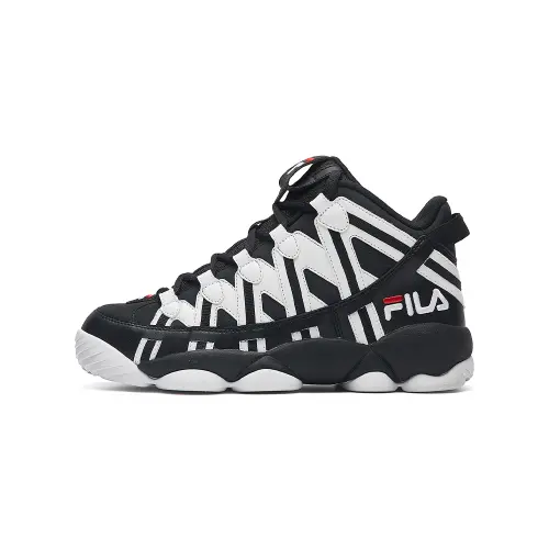 FILA Fila Spaghetti fabric synthetic leather, trendy, comfortable and versatile, shock-absorbing and wear-resistant, mid-top retro basketball shoes, women's black and white