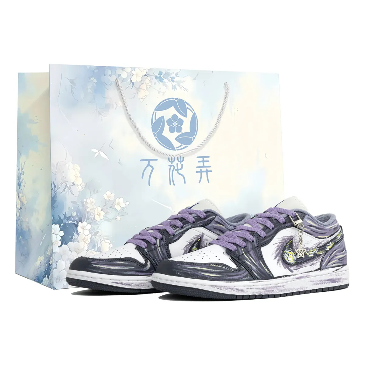 Jordan Air Jordan 1 Low Myriad Flowers, Purple Starry Night, Shopping Bag Slip Resistant Abrasion Resistant Low top
