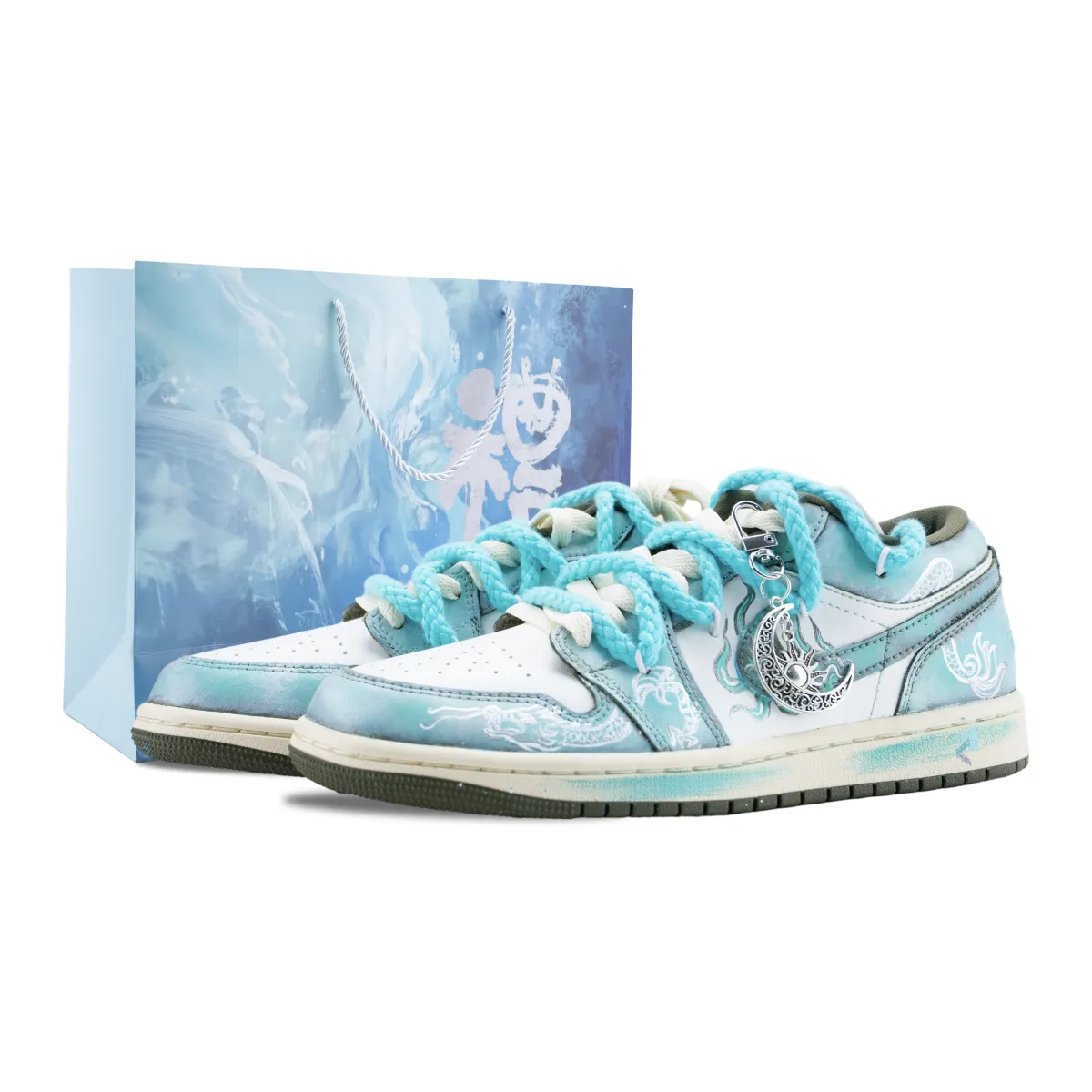Jordan Air Jordan 1 You Long Qingying Abrasion Resistant Low top Vintage Basketball Shoes Unisex Cyan