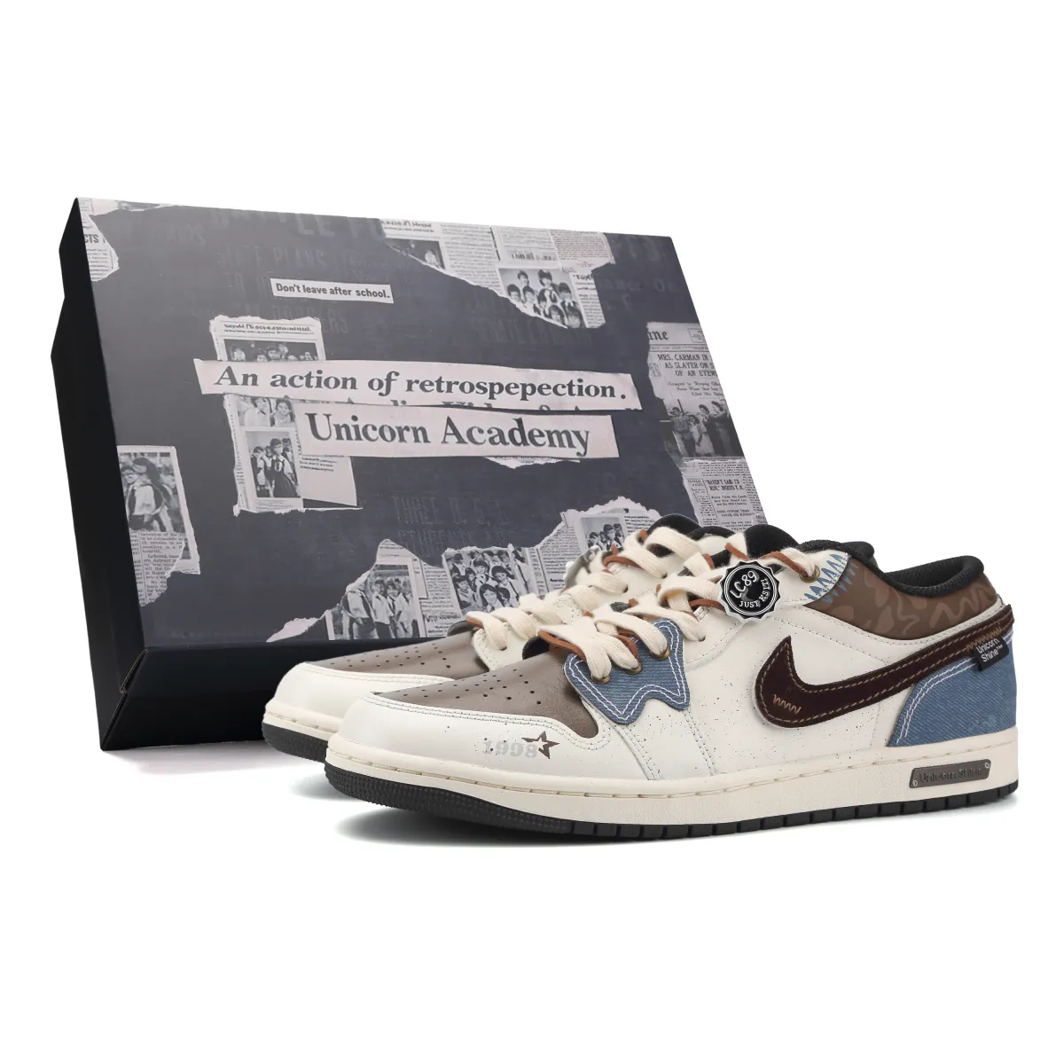 Jordan Air Jordan 1 Denim Is Busy Leather Abrasion Resistant Low top Vintage Basketball Shoes Men's Beige Brown Blue