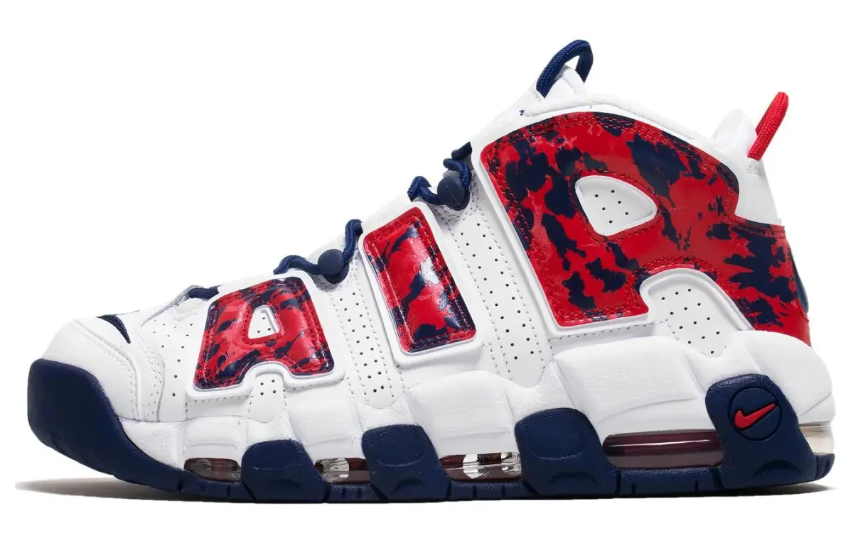 Nike Air More Uptempo Red Navy Camo Air Synthetic Leather Cushioning Slip Resistant Abrasion Resistant Mid top