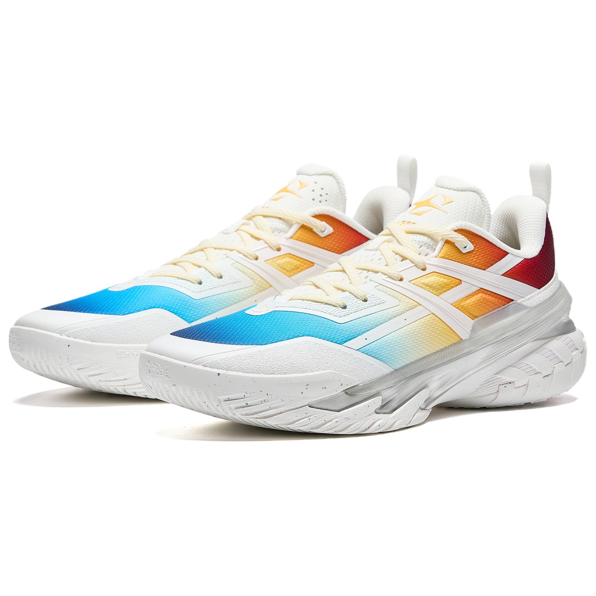 Anta Cushioning Slip Resistant Anti Rollover Low top Basketball Shoes Men’s White Blue Yellow