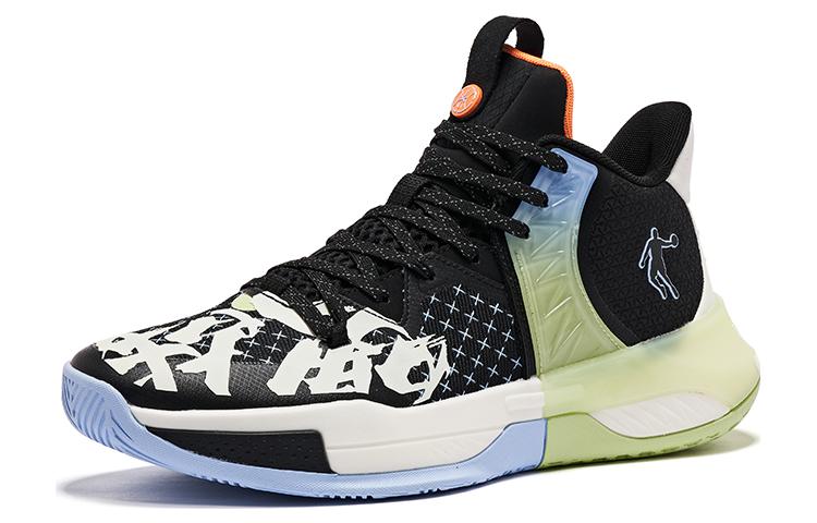 QIAODAN Halberd 5TEAM Cushioning Slip Resistant Abrasion Resistant Mid top Basketball Shoes Men’s Black Green