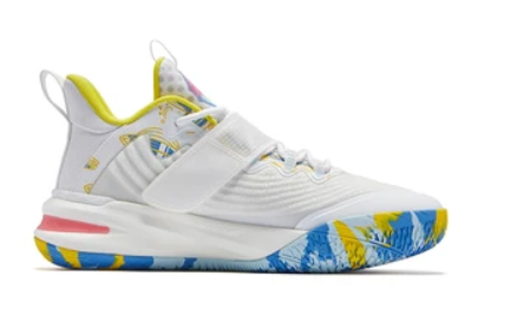 QIAODAN Ice Blade White Whale Cushioning Abrasion Resistant Breathable Mid top Basketball Shoes Men’s White Frozen Blue