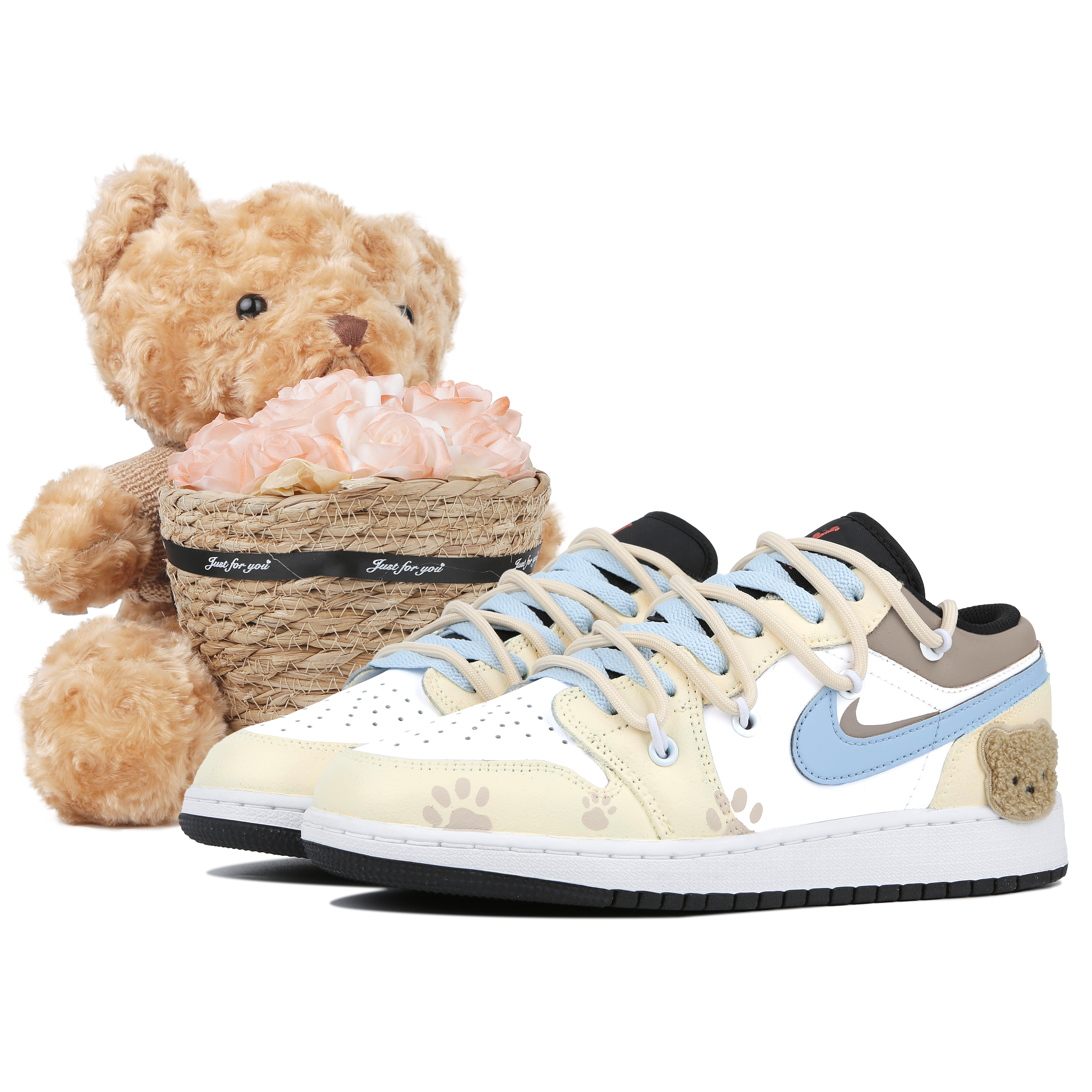 Jordan Air Jordan 1 Bear Balloon Cushioning Slip Resistant Low top Vintage Basketball Shoes GS Blue Yellow