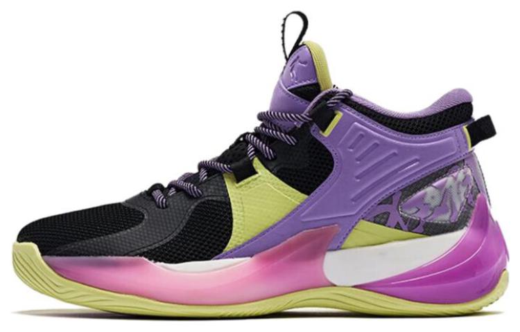 QIAODAN Battle Halberd Cushioning Slip Resistant Abrasion Resistant Mid top Basketball Shoes Men’s Black Cyan Purple