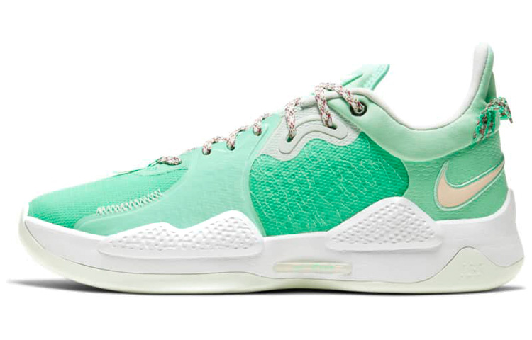 Nike PG 5 round head lace fabric synthetic leather TPU shock-absorbing, anti-slip wear-resistant wrapping support Low top Practical basketball shoes Men's white and green Domestic version