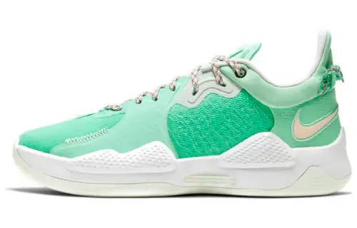 Nike PG 5 round head lace fabric synthetic leather TPU shock-absorbing, anti-slip wear-resistant wrapping support Low top Practical basketball shoes Men's white and green Domestic version
