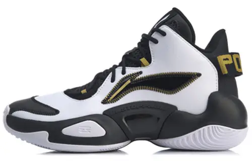 Li Ning Power 6 Fashion Cushioning Slip Resistant Abrasion Resistant Mid top Basketball Shoes Men's White Black Gold