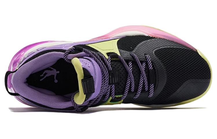 QIAODAN Battle Halberd Cushioning Slip Resistant Abrasion Resistant Mid top Basketball Shoes Men’s Black Cyan Purple