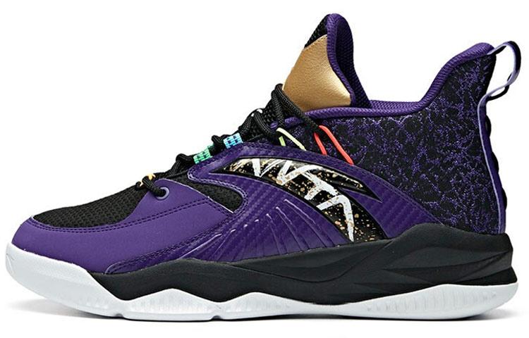 Anta Rhomboid Non-slip Wear-resistant Shock Absorption Mid-Top Basketball Shoes Black Purple