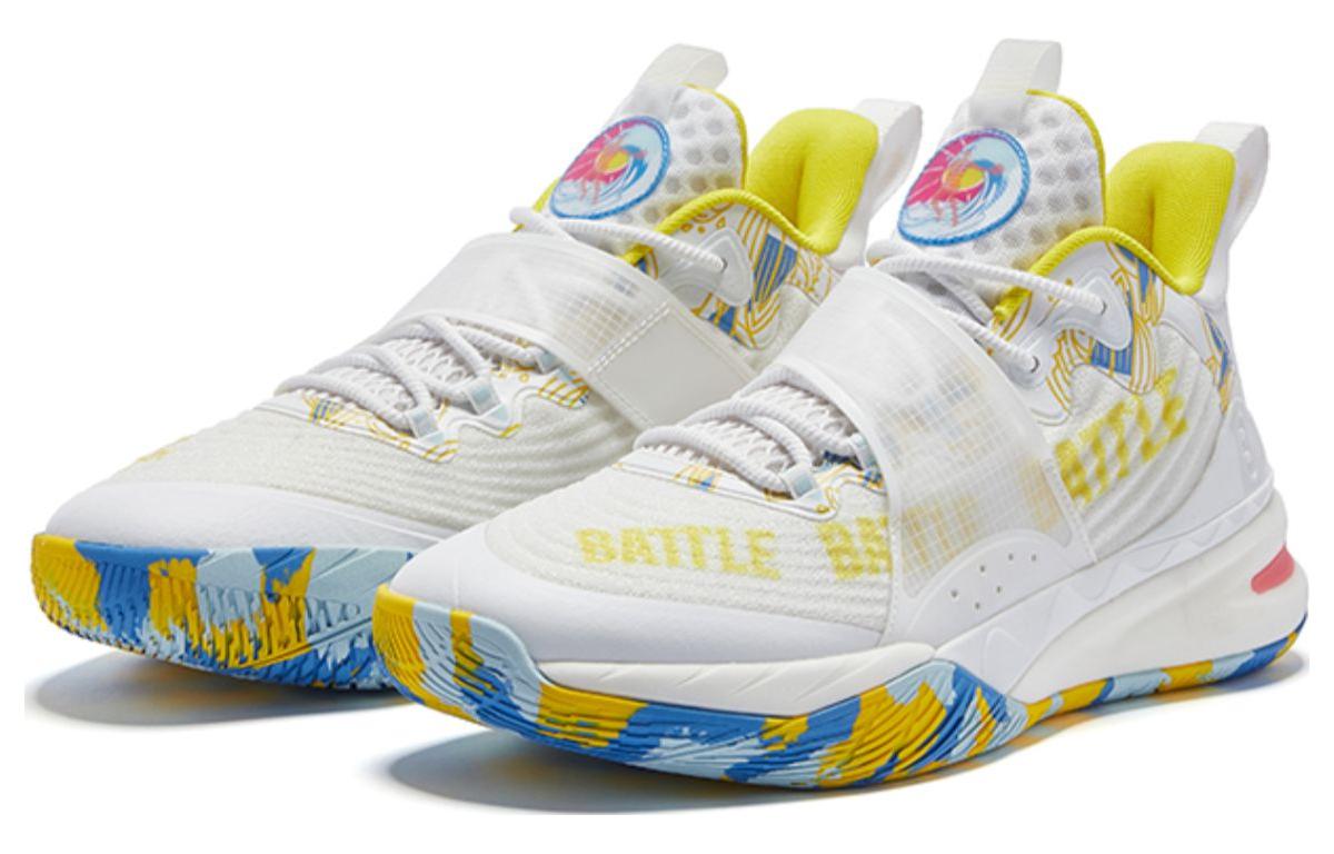 QIAODAN Ice Blade White Whale Cushioning Abrasion Resistant Breathable Mid top Basketball Shoes Men’s White Frozen Blue