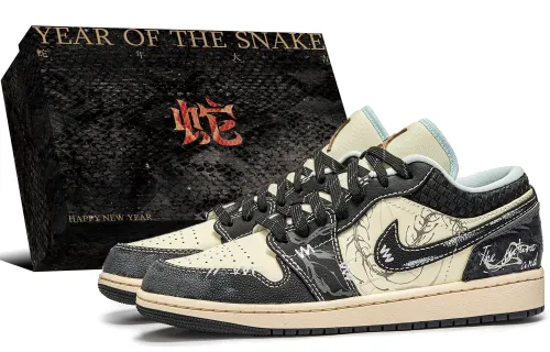 Jordan Air Jordan 1 Slip Resistant Abrasion Resistant Low top Vintage Basketball Shoes Men's Beige Black