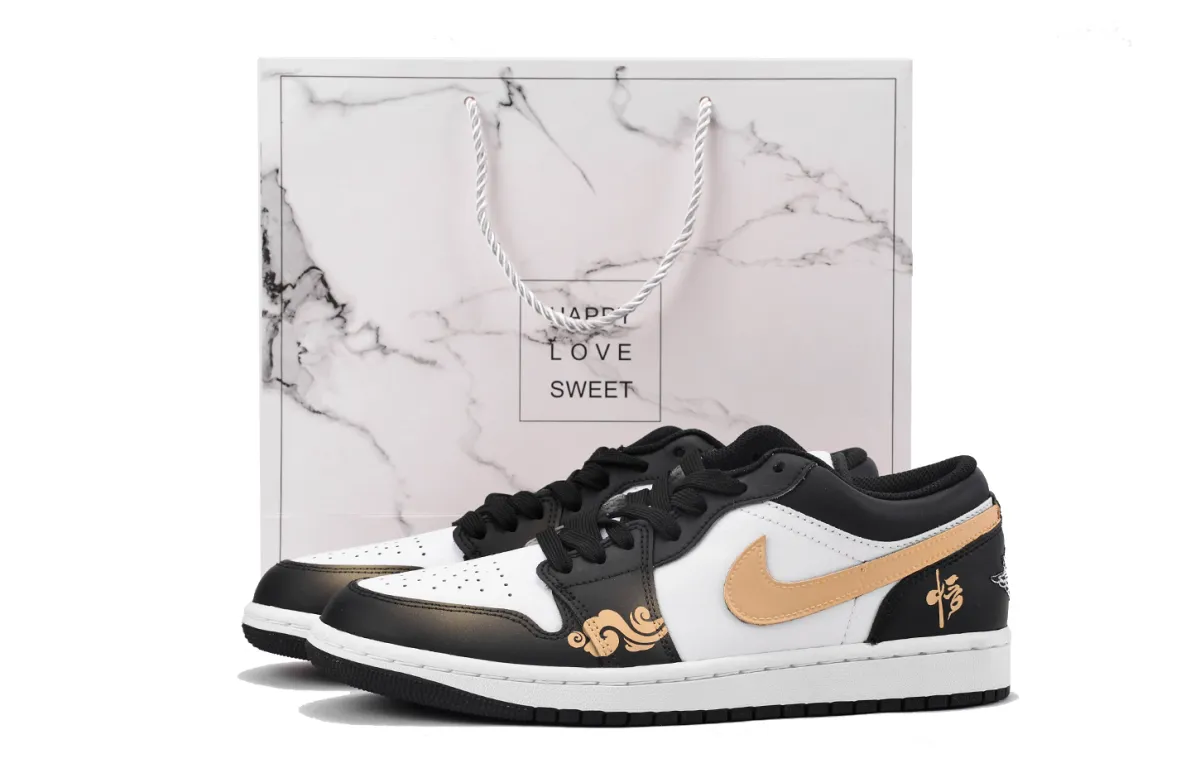 Jordan Air Jordan 1 Slip Resistant Coverage Balance Impact Resistant Low top Vintage Basketball Shoes Men's Black Gold