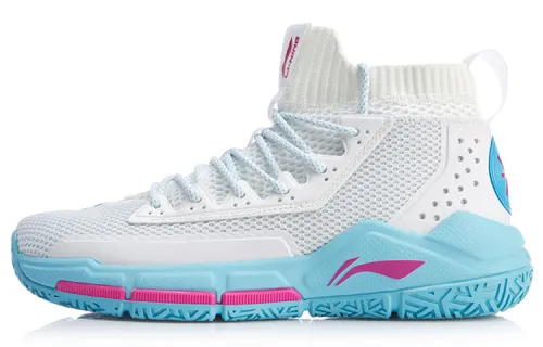 LiNing Wade series lace-up shock-absorbing, non-slip, wear-resistant, high-top basketball shoes, men's blue and white