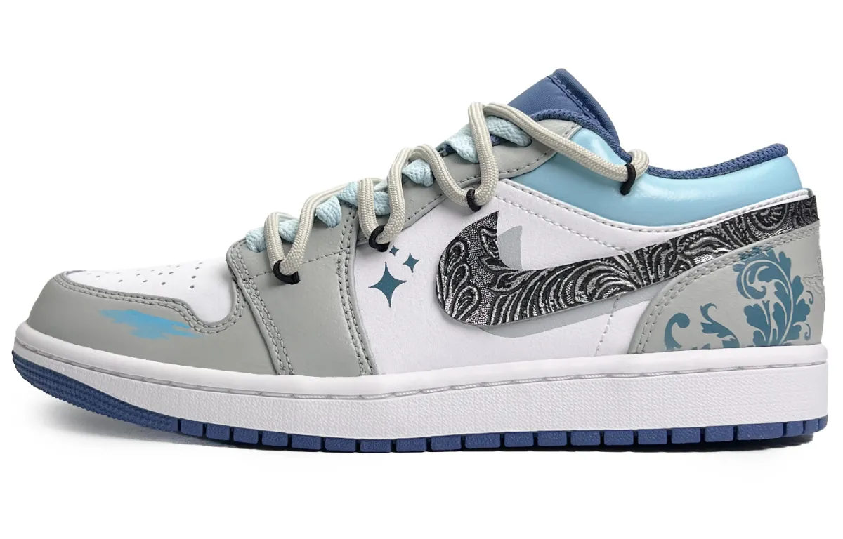 Jordan Air Jordan 1 Floral Starry Slip Resistant Abrasion Resistant Low top Vintage Basketball Shoes Men's Gray Blue