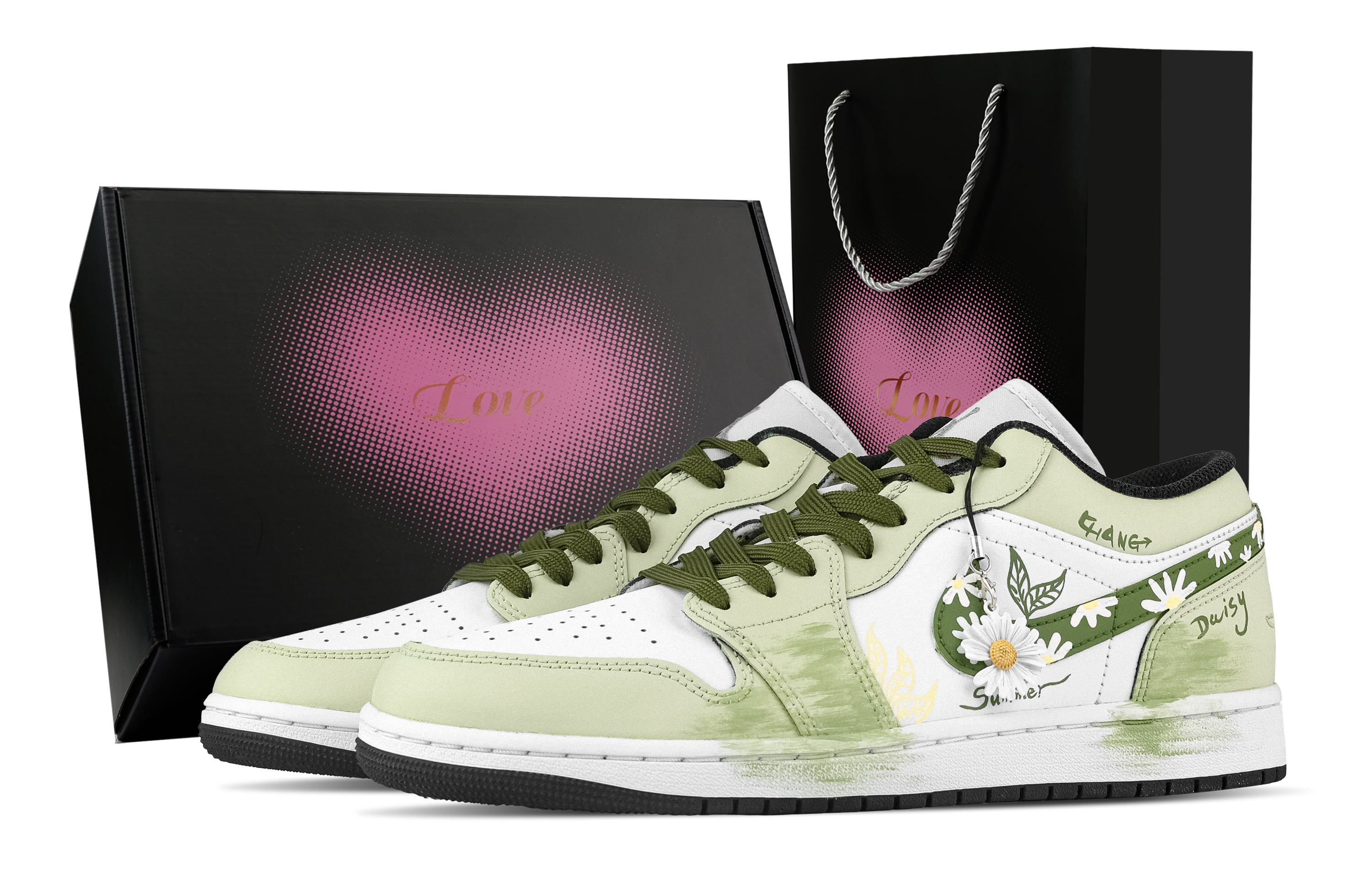 Jordan Air Jordan 1 Sentimental Longing, Heart Box Low top Vintage Basketball Shoes Unisex White Green