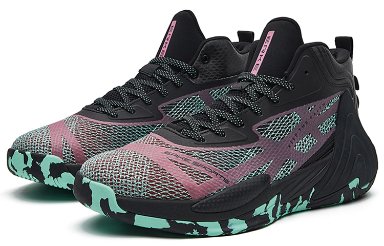 Erke Mid top Cushioning, Wear Resistant Performance Basketball Shoes Men’s Black Purple Green