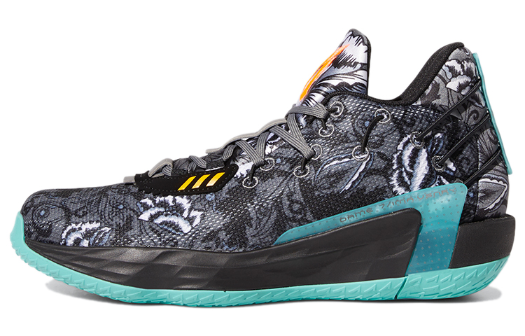 Adidas D lillard 7 Dame 7 Floral GCA synthetic leather fabric, comfortable, shock-absorbing, wear-resistant and breathable, mid-top retro basketball shoes, men's black, blue and gray