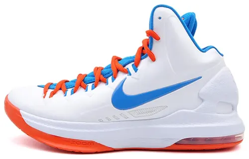 Nike KD 5 Home Thunder Durant Round Toe Lace Shock Absorbing Anti-Slip Mid Top Practical Basketball Shoes Men's White Blue Orange