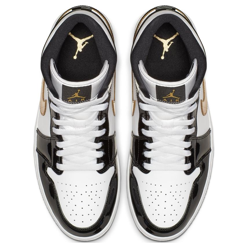 Jordan 1 Mid Patent Black White Gold